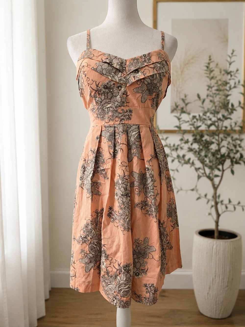 Maurices Peach Floral Toile Fit Flare‎ Dress Tie Back Sweetheart Size 7/8 Medium
